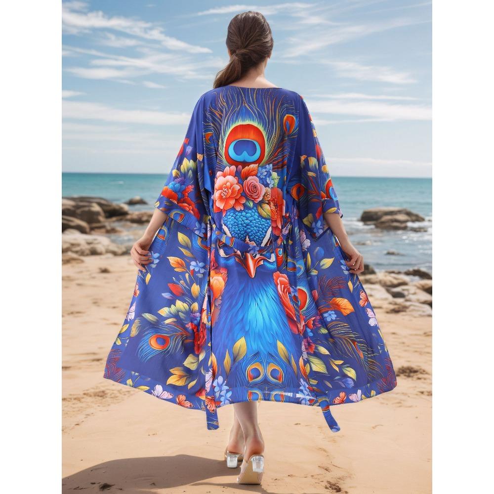 Plus Size Boho Kaftan Dress, Women's Plus Maxi Cover Up Dress