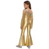 Girls Pageant & Stage Romper: Metallic Shiny Off Shoulder Jumpsuit with Sequin Tassels & Bell Bottom Legs for Disco