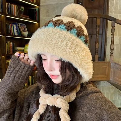 Korean Style Fur Ball Plus Velvet Knitted Hat for Women Fair Isle Style Winter Warm Woolen Hat Ear Protection Cycling Lei Feng Hat