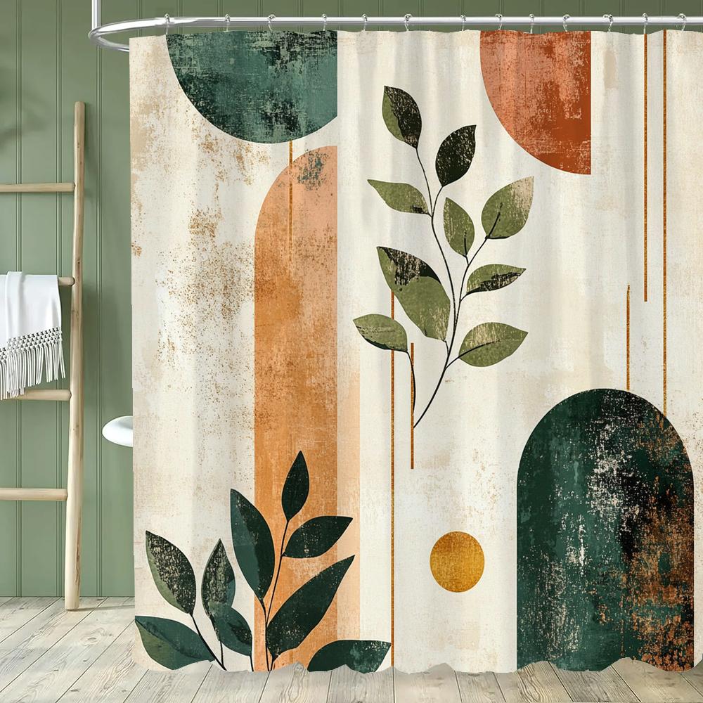 Nordic Minimalist Art Line Leaf Theme Shower Curtain, Bathroom Decorative Curtain, Printed Polyester Home Curtain With Hooks