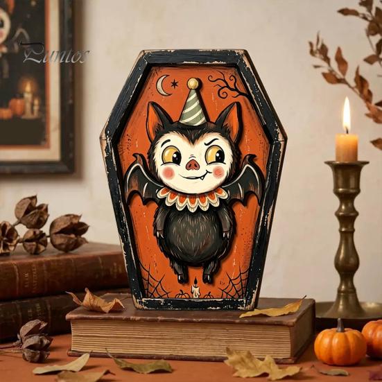 Fall Farmhouse Tabletop Centerpiece Vintage Halloween Wooden Decor, Cat Mummy Skeleton Figurines, Decorative Signs for Fireplace Shelf Mantel