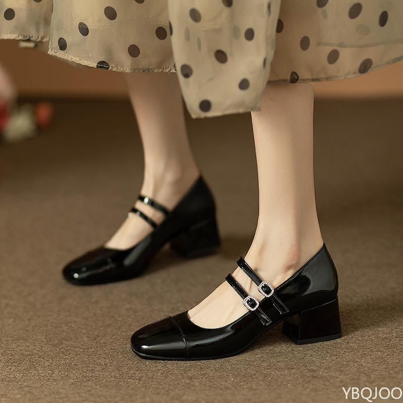 Fashion Vintage Silver Mary Jane Shoes Women's Versatile Thick Heel Shoes Shallow Mouth Buckle Shoes Solid Color Elegant Ladies Pumps