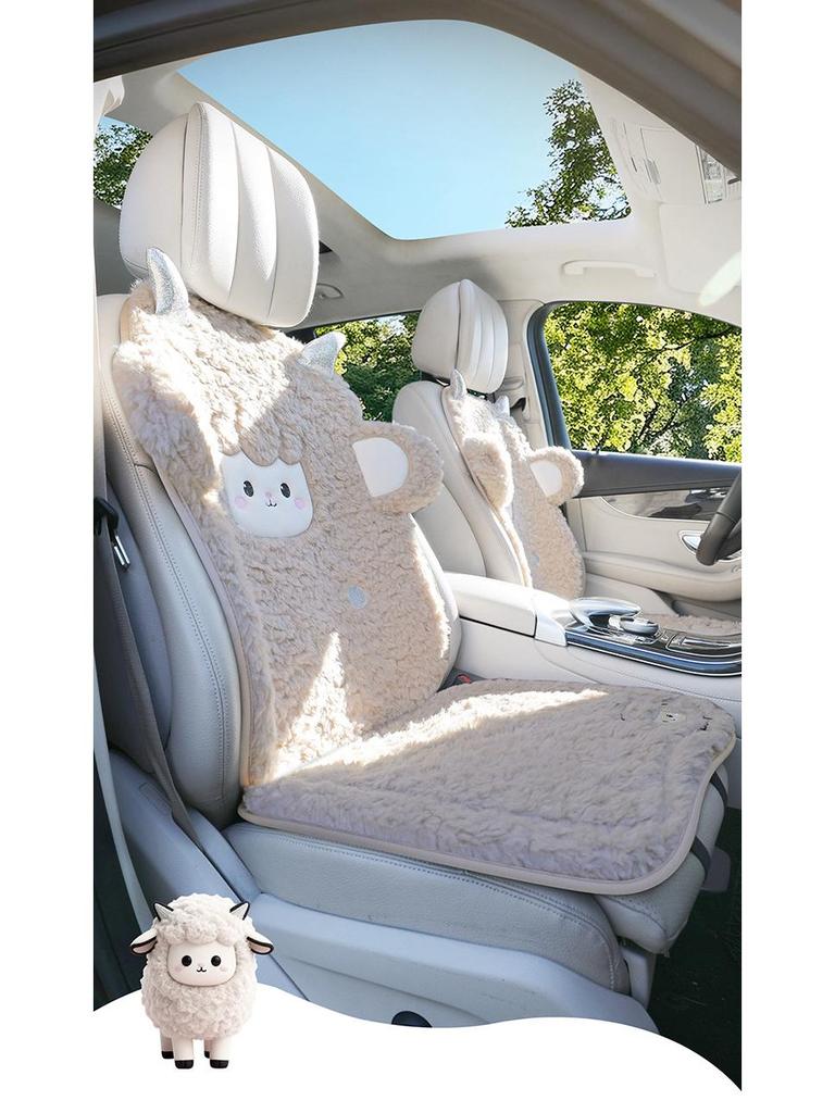 Women's Cute Cartoon Plush Winter 3-Piece Car Seat Cushion Set for Five-Seat Vehicles