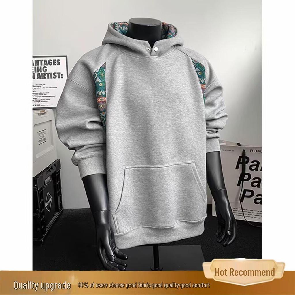 Men's Autumn Patchwork Hoodie: Chinese Ethnic Style, High Collar, Long Sleeve