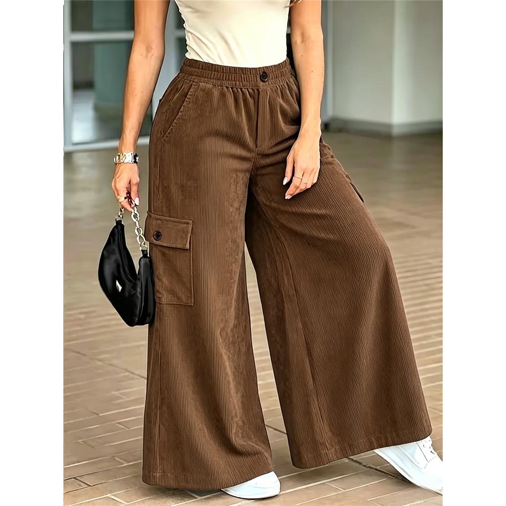 Women Corduroy Cargo Wide Leg Pants Elastic High Waist Casual Loose Multi‑Pocket Flare Trousers For Ladies