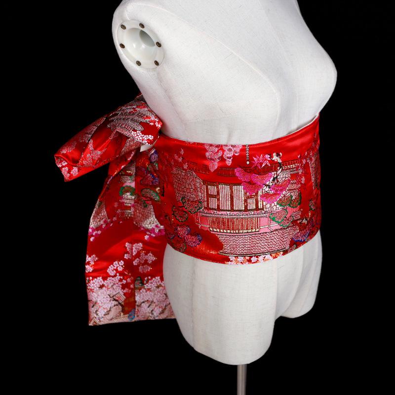 Japanese Kimono Obi: Brocade Jacquard Taiko Bow with Floral Knot Trim
