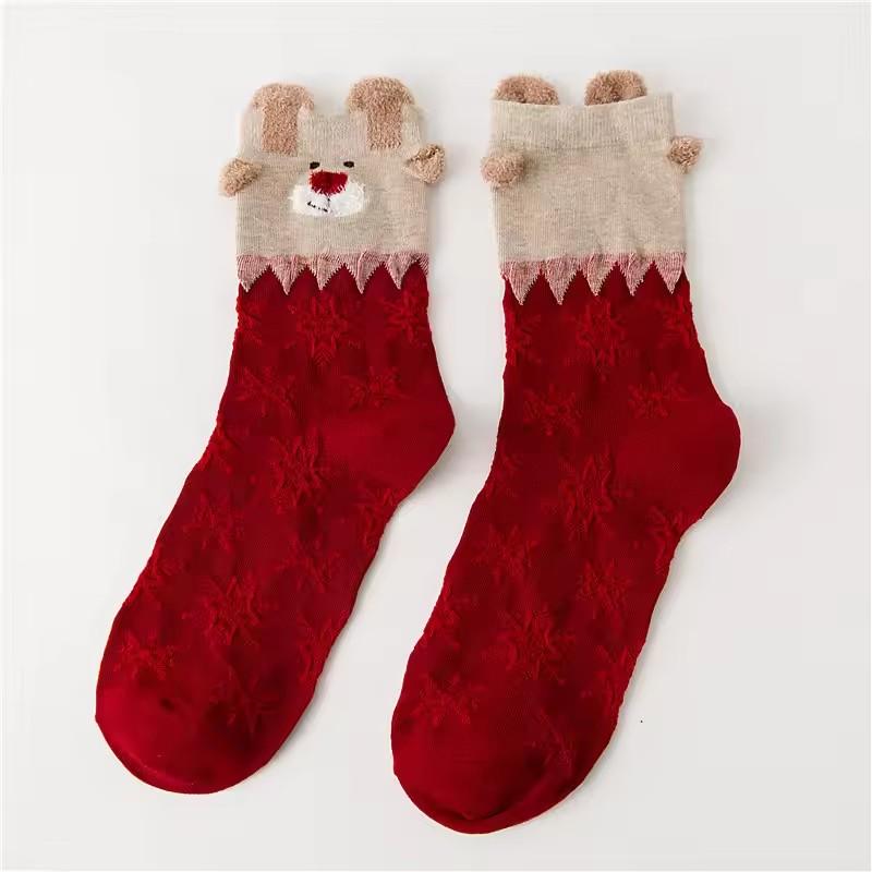 Cute Stereoscopic Christmas Socks Red Cartoon Elk Women Warm Cozy Mid Tube Socks Floor Kawaii Girls New Year Gifts