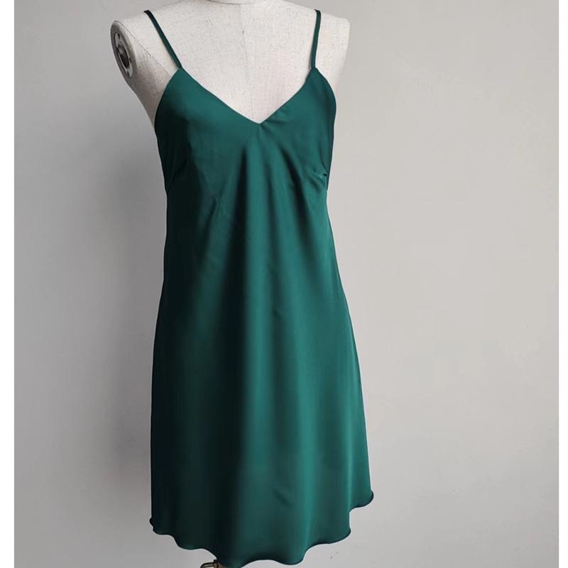 Women's Red V-Neck Spaghetti Strap Nightgown with Chest Pads - Ice Silk Pajamas for Spring and Autumn