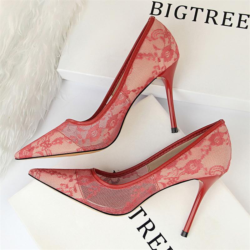 2026 Black Flower Lace Mesh Pumps Women Pointed Toe Shallow Fashion Party Single Shoes Show Thin High Heel Office Shoes