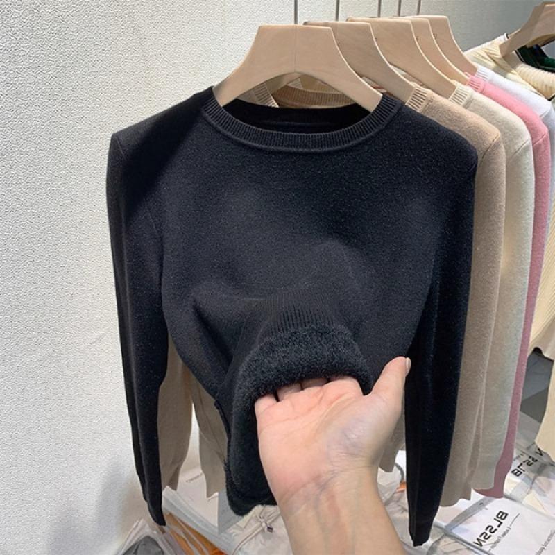 

Knitted bottoming shirt women s autumn and winter new fleece thickened integrated fleece pullover round neck warm inner sweater One size fits all [recommended 80-60kg] чёрный