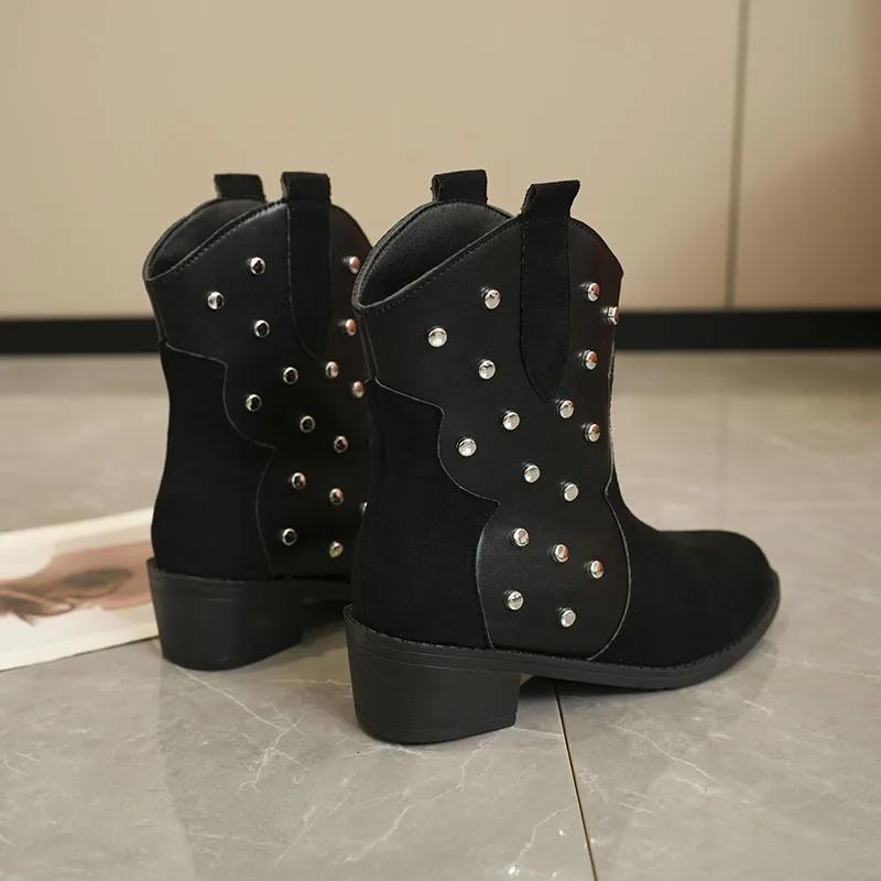Mode Damen Schuhe 2024 Mode Ärmel Damenstiefel Herbst Runde Zehe Niete Einfarbig Kurzer Schaft Klobige Absätze Große Größe Westernstiefel