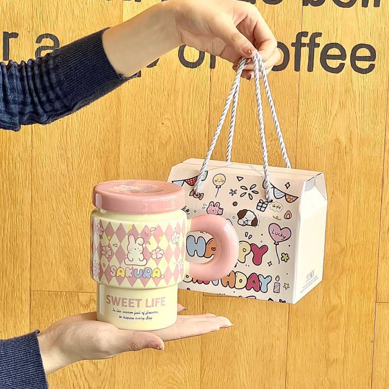 Cute Girl Cherry Blossom Rabbit Cup High-looking Ceramic Mug with Lid Spoon Office Breakfast Coffee Cup