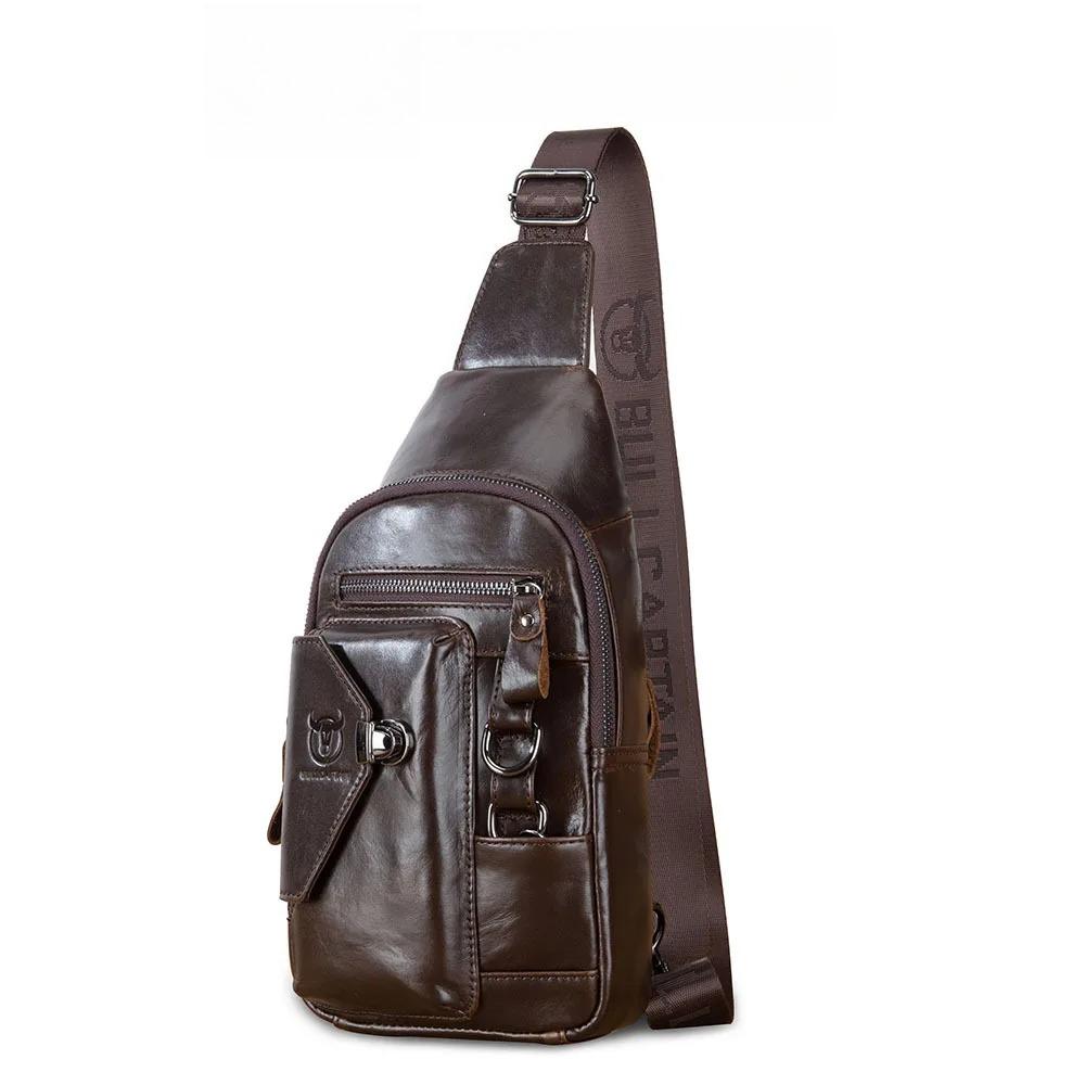 BULLCAPTAIN Men's Genuine Leather Chest Bag Vintage Crossbody Sling Backpack with Phone Holder for Travel Hiking Cycling