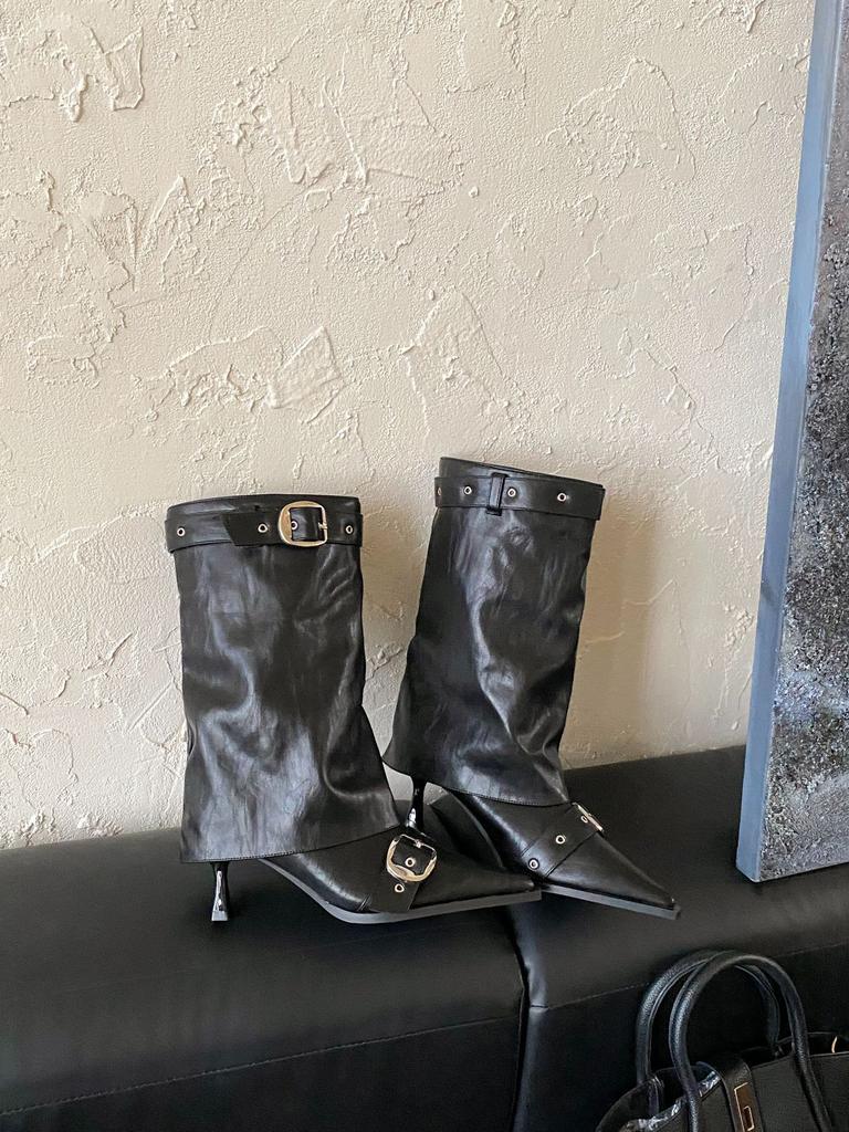 2025 Autumn and Winter New European and American Sexy Babes White High-heeled Short Boots Women's Belt Buckle Rivet Babes Pointed Trousers