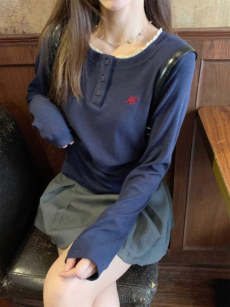 Design Embroidered Top Women's Spring Lace Half Open Neck Button Long Sleeve T-Shirt Bottom Shirt