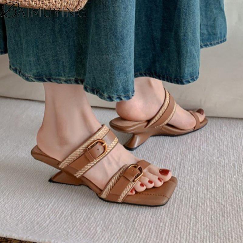Fashion Square Toe Women Slippers Weave Sandals Loafers High Heels Shoes Woman 2025 Trend Summer Beach Casual Pumps Shallow Slides Mujer
