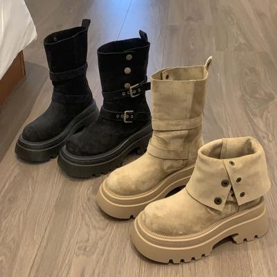 Retro Muffin Thick-soled Martin Boots Show Thin Legs for Women's New Fashionable Thin and Heightened Single Boots
