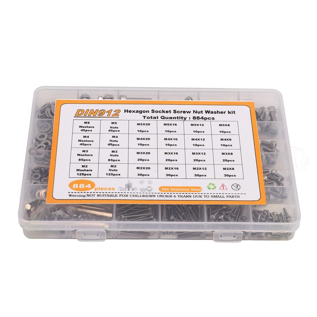 884 Stück Schrauben Muttern Unterlegscheiben Sortiment M2 M3 M4 M5 Rundkopf Innensechskant 304 Edelstahl Befestigungselemente