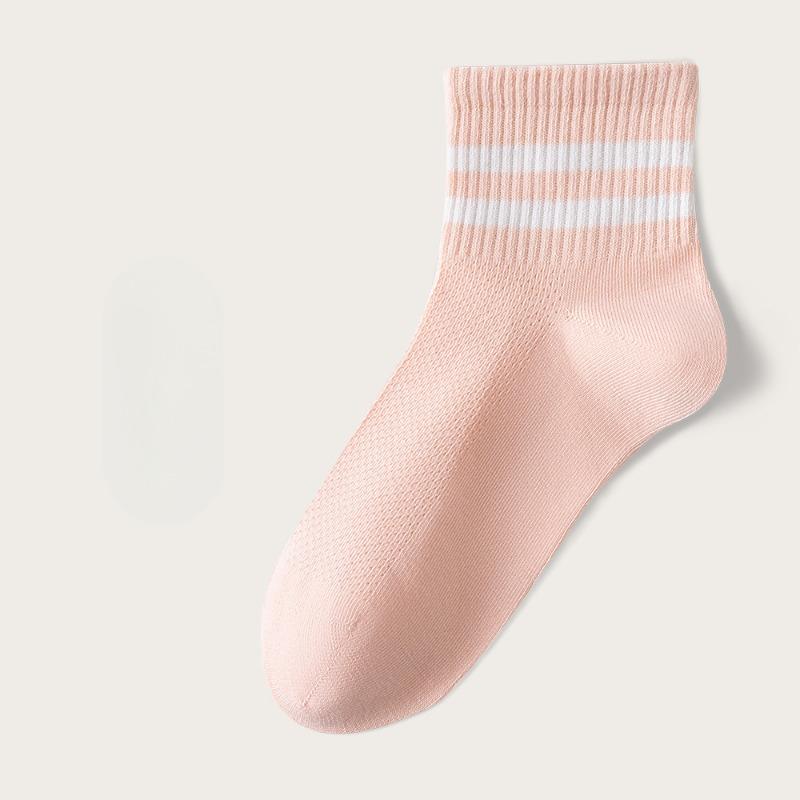Pure Cotton Women's Spring and Summer Mid-calf Socks, White Striped Mesh Breathable Antibacterial Socks, Boneless Socks, All-cotton Socks