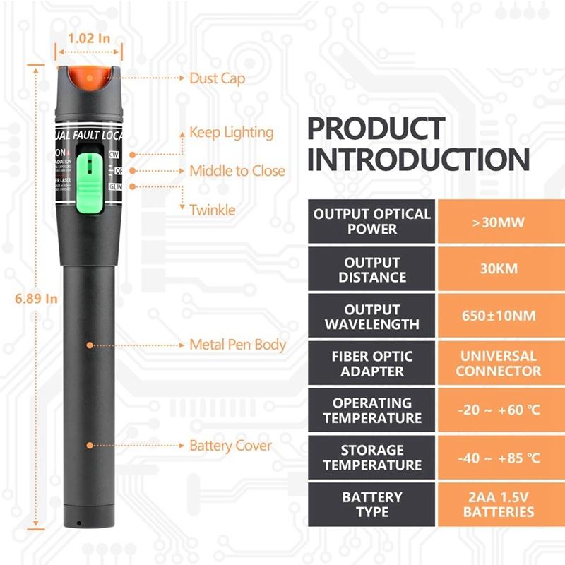 Visual Fault Locator, 30MW Optic Fiber Cable Tester With FC Male To LC Female Adapter, 30KM Red Light Source Meter