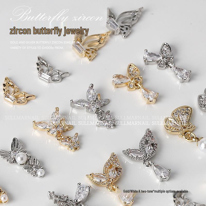 Butterfly Zircon Nail Art Jewelry: Pearl, Ribbon, Gold & Silver Pendant