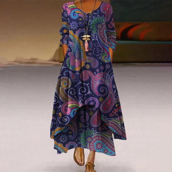 Ethnischer Stil, O-Ausschnitt, halbe Ärmel, Maxikleid, Taschen, knöchellang, A-Linie, Pfauenmuster, unregelmäßiger Saum, Tunika-Kleid, Streetwear