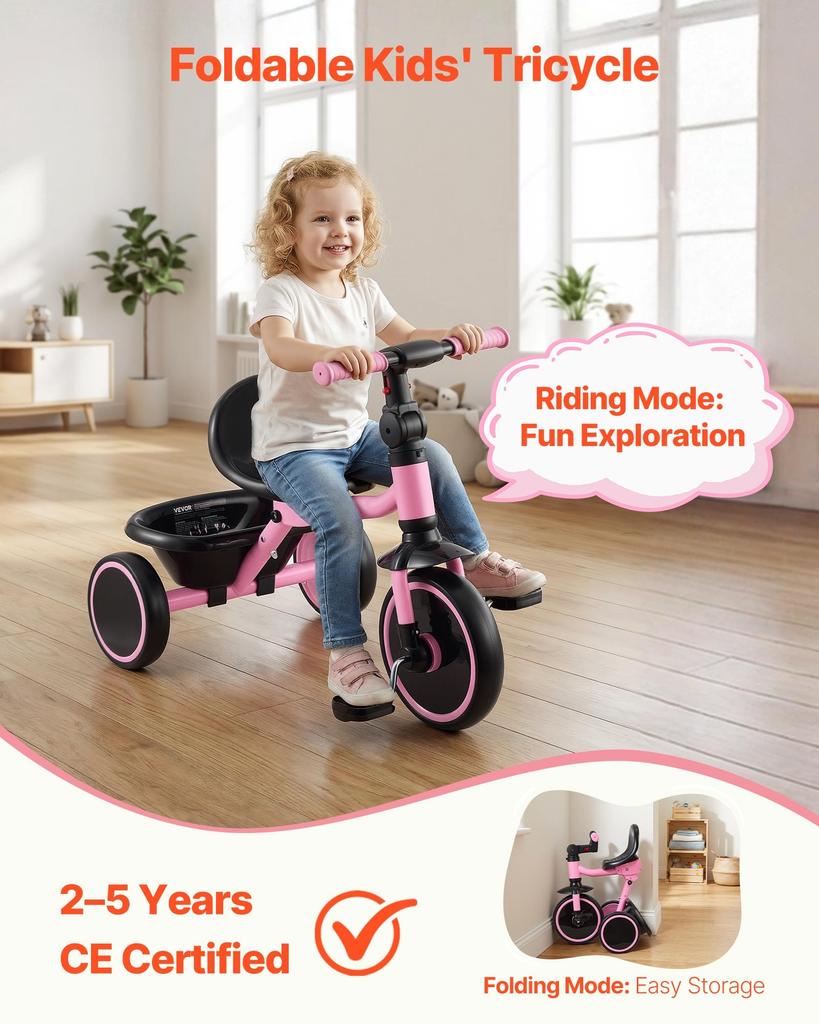VEVOR Toddler Tricycle for 2-5 Year Old, Folding Kids Trike with Adjustable Seat, Storage, Carbon Steel Frame, Handlebar Grips for Outdoor Play