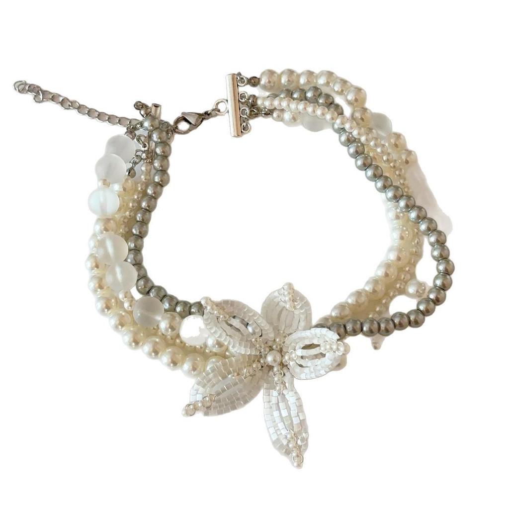 Vintage French Beaded Flower Necklace: Luxurious Multi-Layer Stackable Clavicle Chain for Women