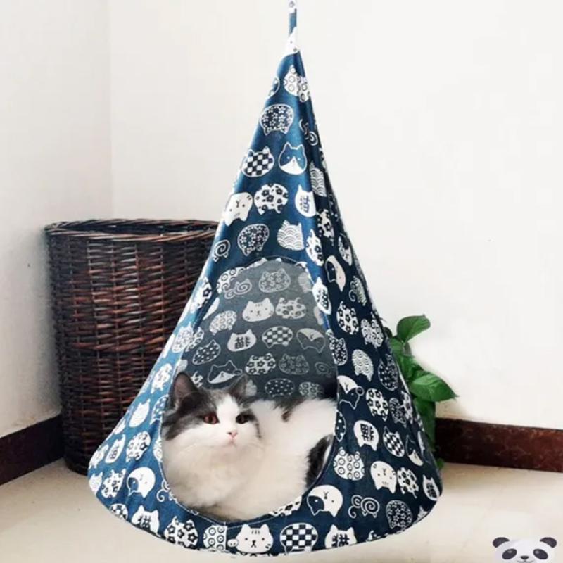 Amaca rimovibile per gatti domestici, lettiera per gatti lavabile e rimovibile, sospesa in lino, a forma di cono
