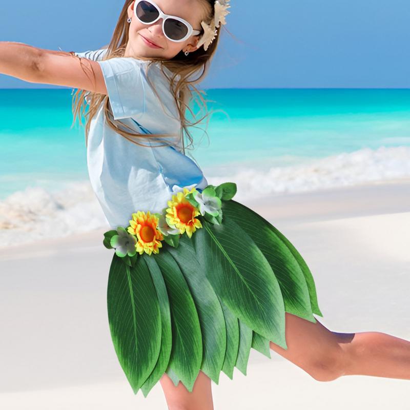 Green Leaf Skirt Elastic Green Leaf Dress Sunflower Accent Adjustable Waist Luau Party Costume Hawaiian Dress for Girl