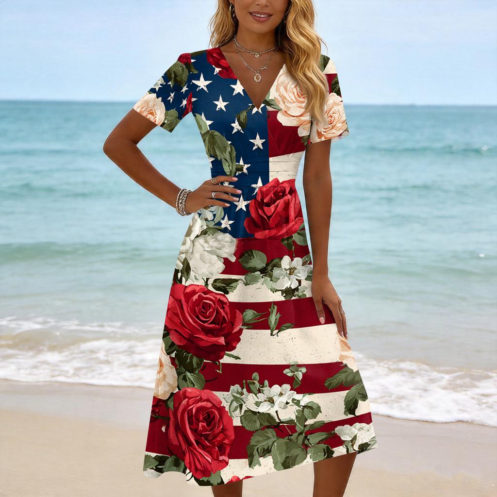 Women's Casual Fashion Independence Day Printed Short-Sleeve V-Neck Dress