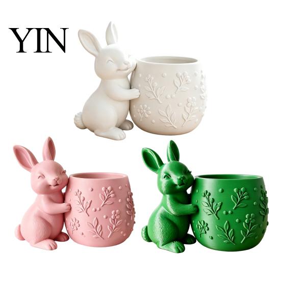 Mini Flowerpot 3D Printed Bunny Hugging Succulents Planter, Cute Rabbit Flower Pot with Embossed Desktop Floral Body, Desk Decor for Office