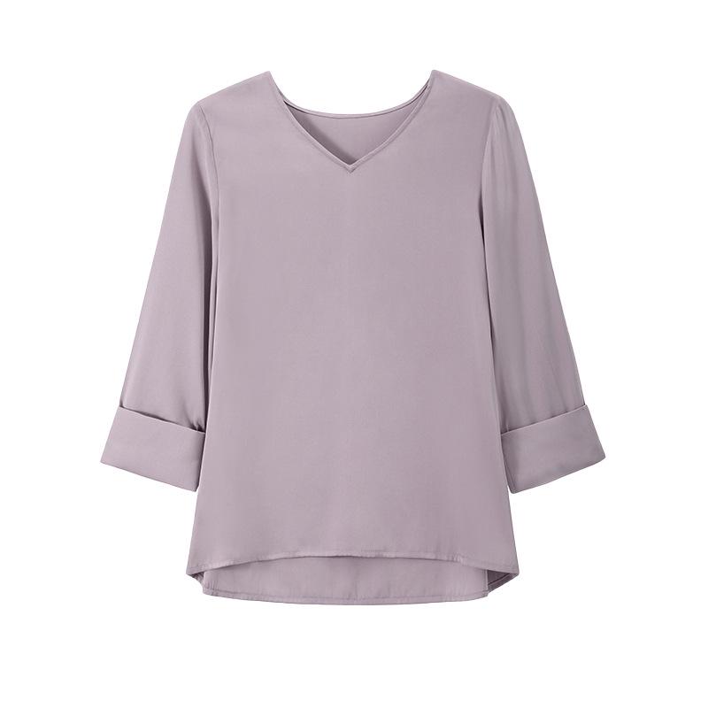2025 Spring Women's V-Neck Mulberry Silk Blouse - Solid Color, Loose Fit