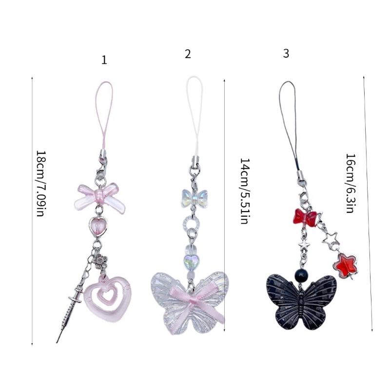 Bowknot Butterfly Heart Phone Charm Straps Car Keys Hanging Pendants Y2K Bag Decoration Lanyard Purse Accessories