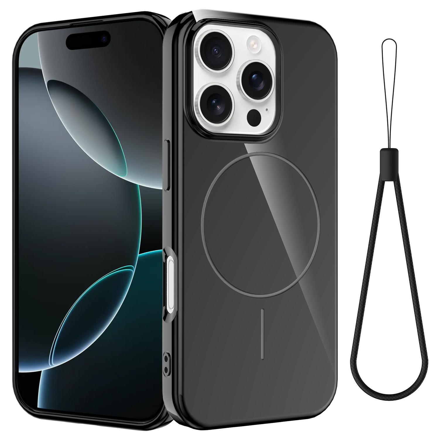 

For iPhone 16 Pro Max Magnetic Case Compatible with MagSafe TPU Phone Back Cover with Lanyard Black