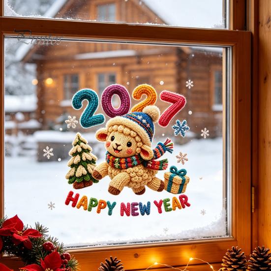 Seasonal Store Decorations Chinese New Year Window Stickers, 2027 Goat Static Clings, Reusable Home Holiday Decor Crochet Knit Lamb Decals,