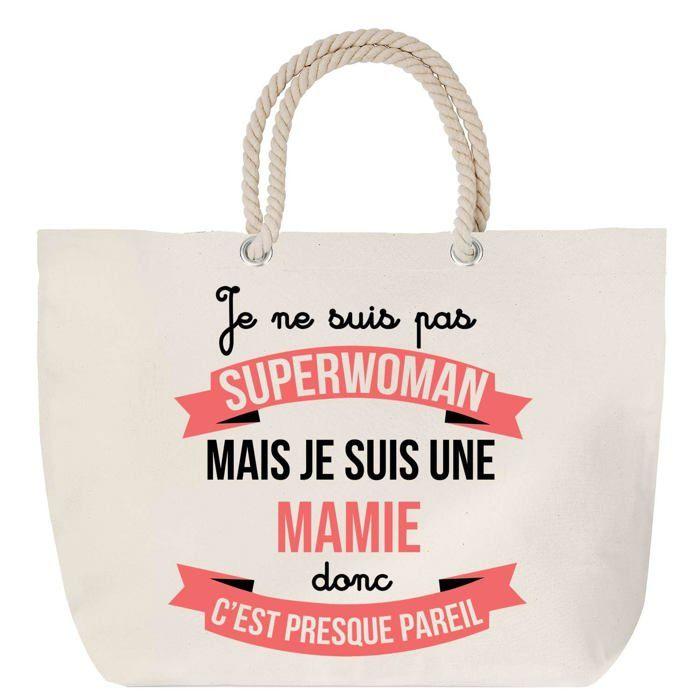 Sac de plage - PLANETEE - Mamie Superwoman - Coton naturel - Anses corde solides - Imprimé en France