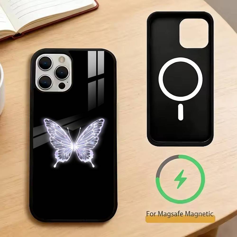 Fluorescent Butterfly Phone Case For iPhone17,16,15,14,13,12,11 Plus,Pro Magnetic with Magsafe Wireless Charging