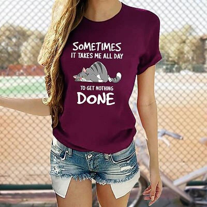 Dámské tričko Tričko Černobílé Růžové Kočičí potisk Krátký rukáv Denní Svátek Basic Kulatý výstřih Regular Fit Cat