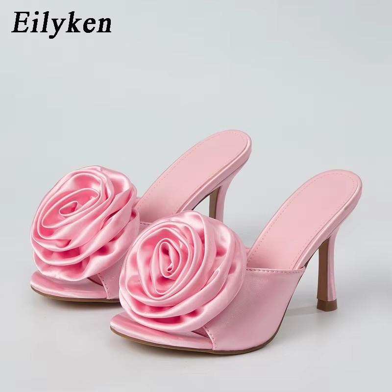 Fashion Eilyken Summer Fashion Silk Flower Peep Toe High Heels Slipper Stripper Slip On Mule Slides Women Party Sexy Sandal Shoes