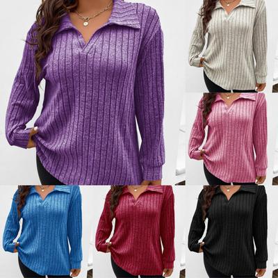 Top Feminino 2025 Elegante Gola V Lapela Manga Longa Canelado Escovado Tamanho Plus