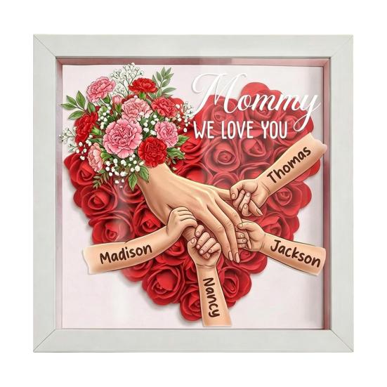 

Personalized Mommy Holding Hands Shadow Box with Ring And Manicure, Custom Names Floral Heart Picture Frame, Mother s Day Gifts for Mom Grandma S E білий