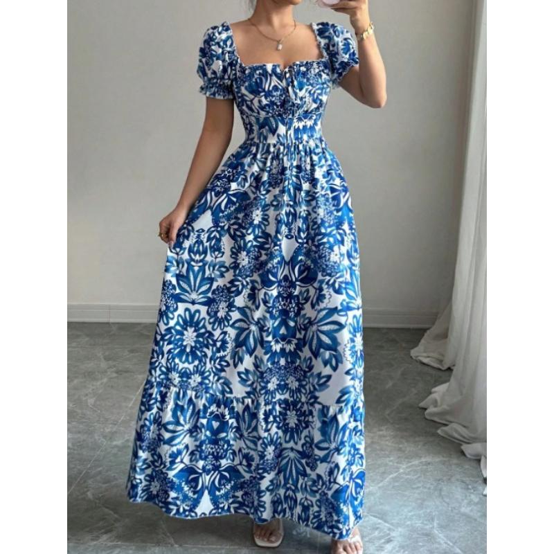 Ladies Floral Print Miniature Sleeve Waist-Cinching Maxi Hem Vacation Dress Elegant Sexy Commute Appropriate