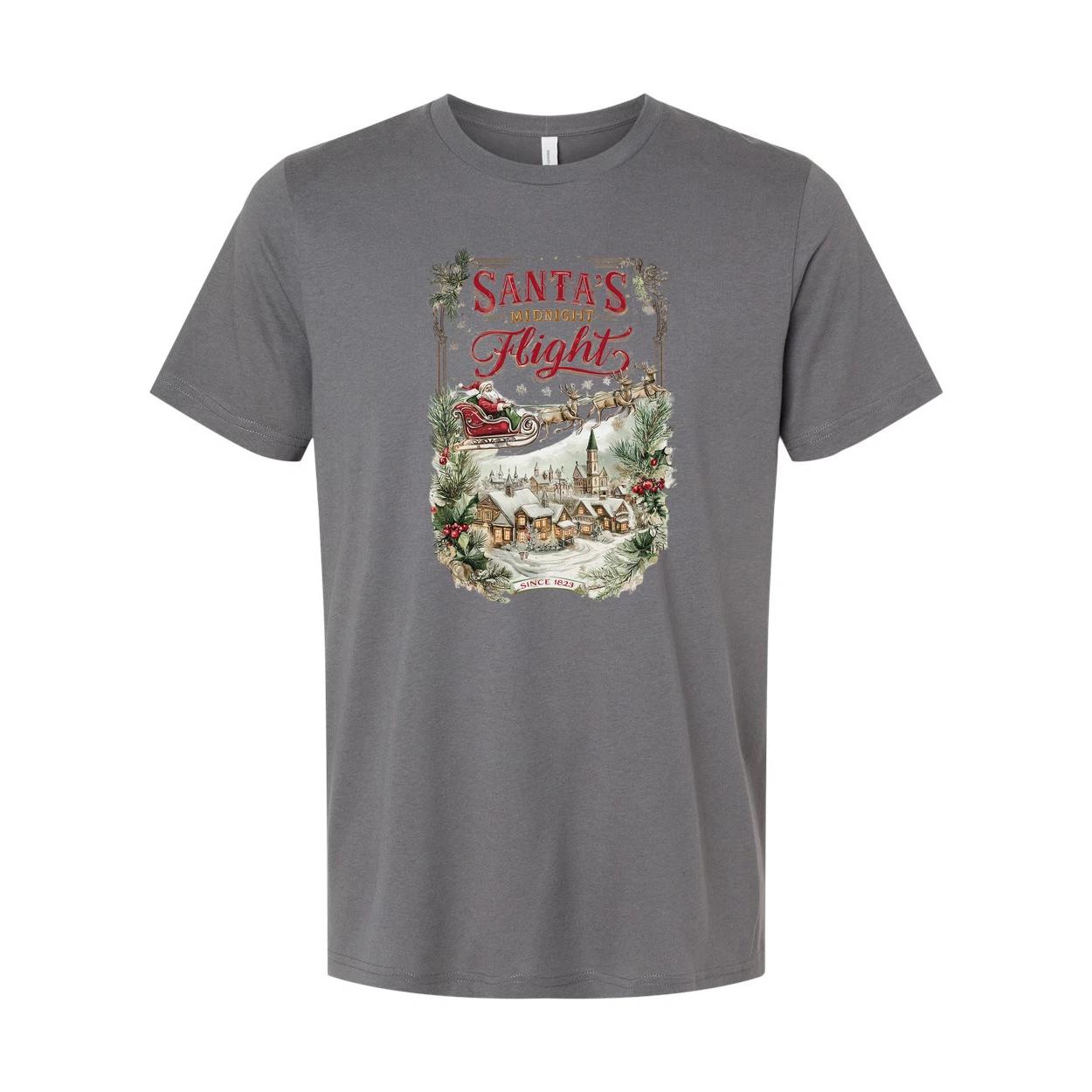 

Santa s Midnight Flight Unisex Christmas T Shirt With Vintage Village Scene Fest 4XL