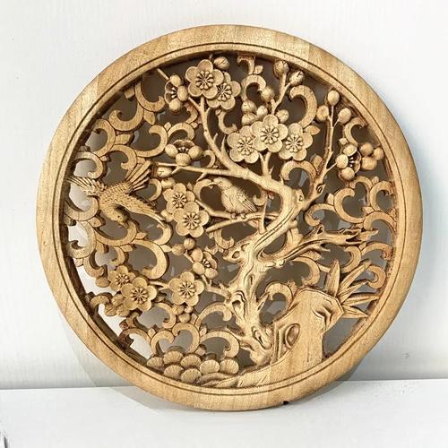 Diameter 27cm/10.8" Chinese style camphor wood carving circular decoration living room entrance background wall pendant