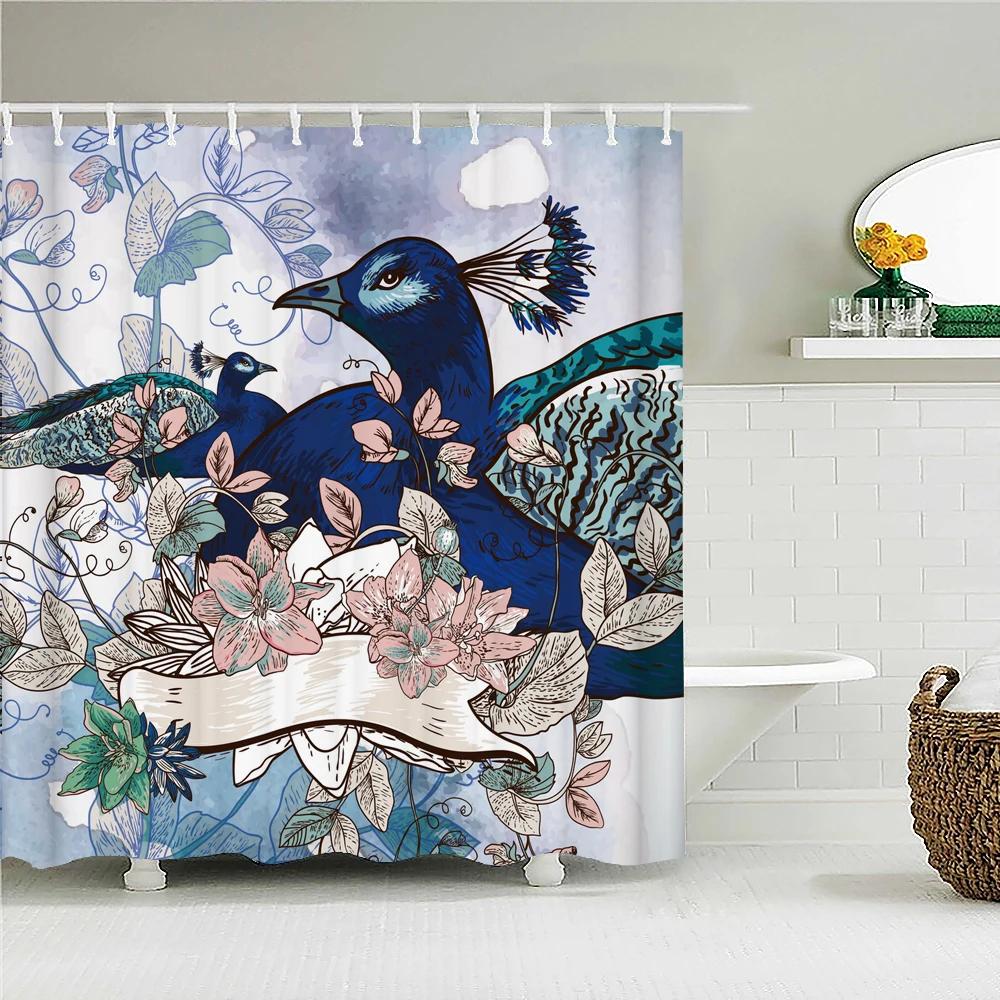 3D Flowers and Birds Peacocks Shower Curtain Waterproof Bathroom Curtains Polyester Home Decor Bathtub Curtain Screen with Hooks