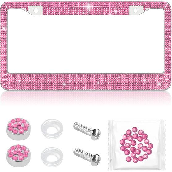 Bling Diamond License Plate Frame,Universal Stainless Steel License Plate Holder Fits U.S. Standard 2 Holes Model,Sparkle License Plate Frames Bling