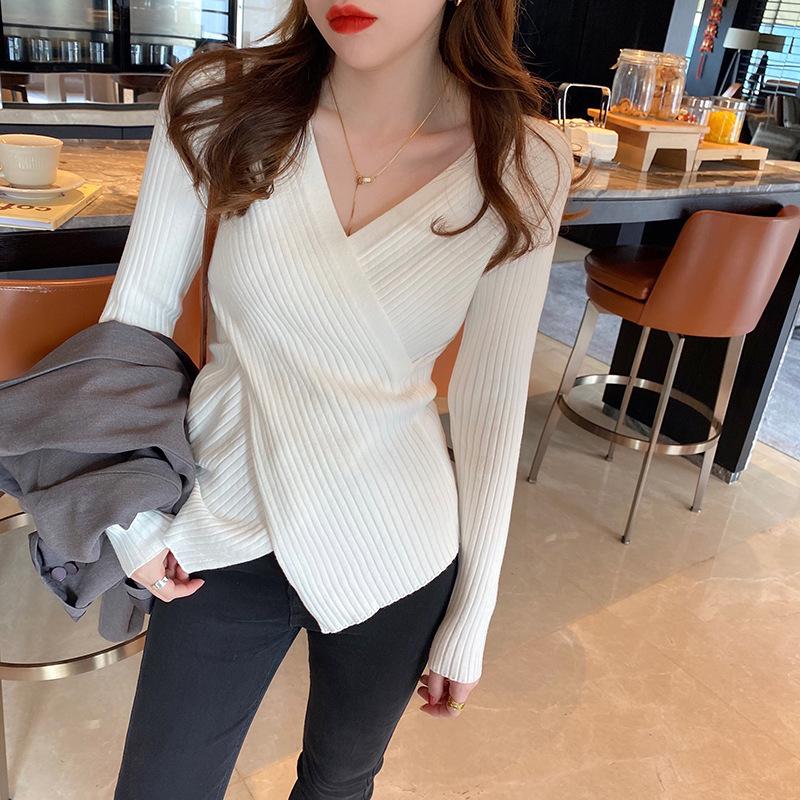 Women's V Neck Cross Wrap Knit Sweater Long Sleeve Slim Fitted Basic Knitwear Inner Top