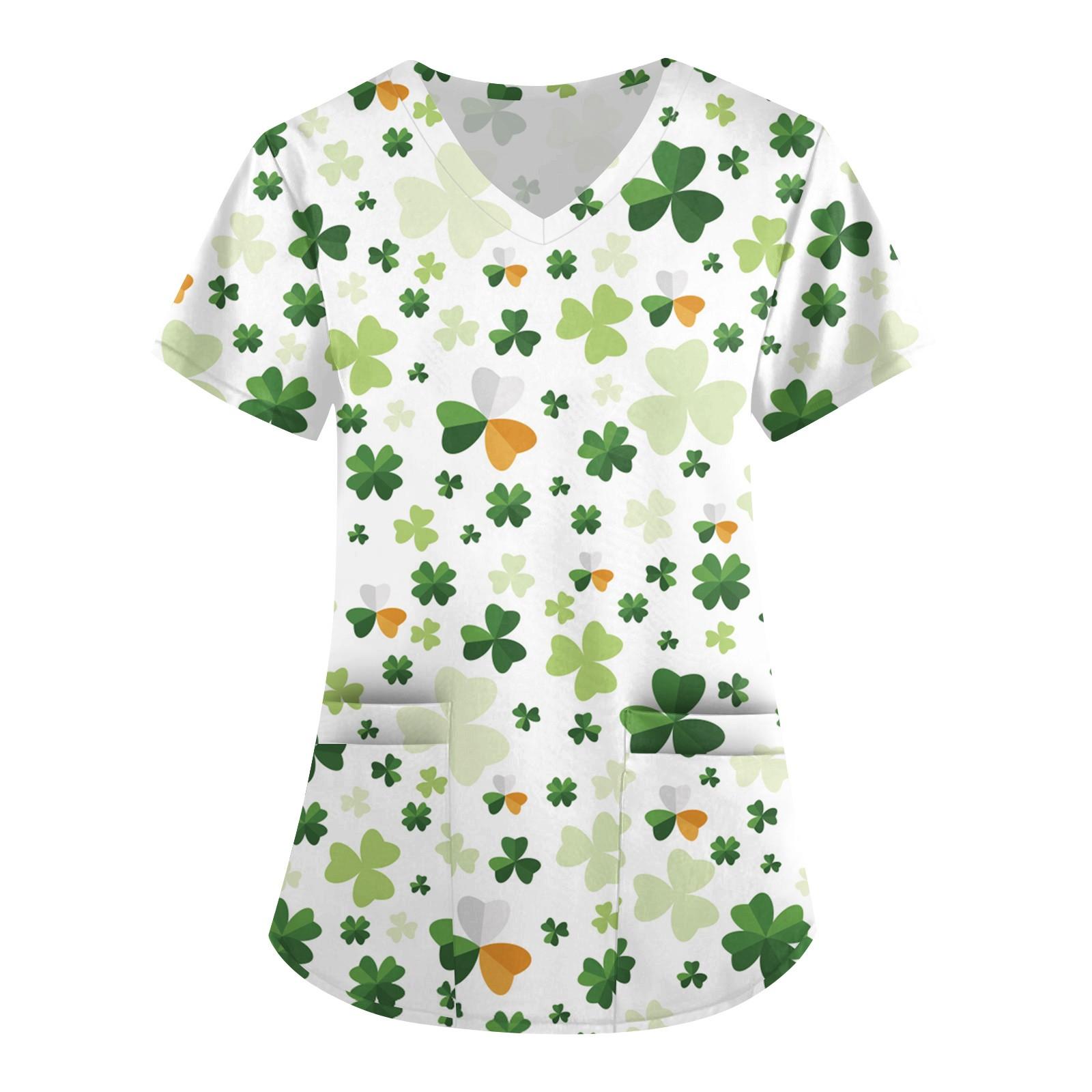 

Женская симпатичная принтованная рабочая одежда с V-образным вырезом, двухслойными карманами, базовым коротким рукавом, пуловером L армия зеленый