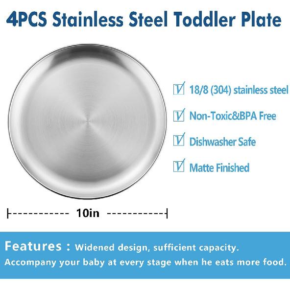 HaWare 4-Piece 18/8 Stainless Steel Plates, Metal 304 Dinner Dishes for Kids Toddlers Children, 10 Inches Feeding Serving Camping Plates, Reusable